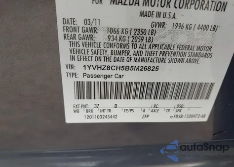 2011 Mazda Mazda6 I Touring from USA, damaged, VIN 1YVHZ8CH5B5M26825